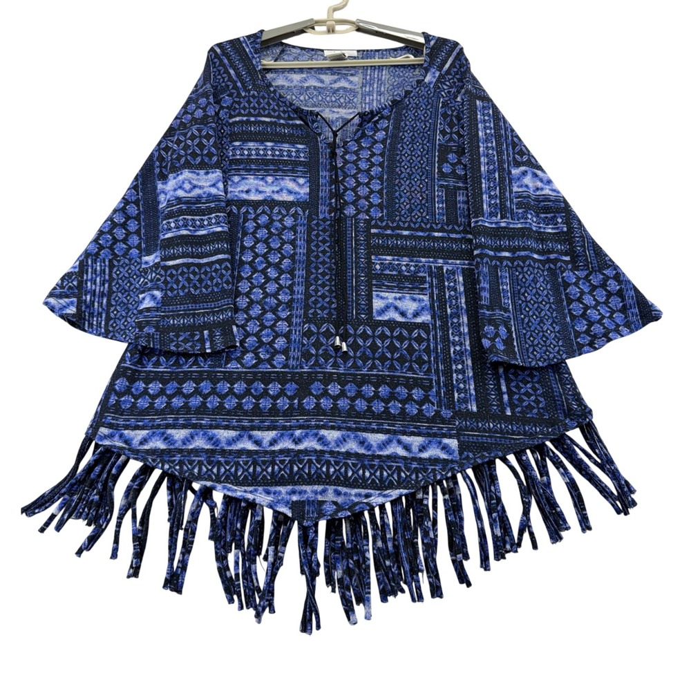 Isela Poncho Top Womens L Blue Patchwork Fringe Hem Split Neck Boho Blouse